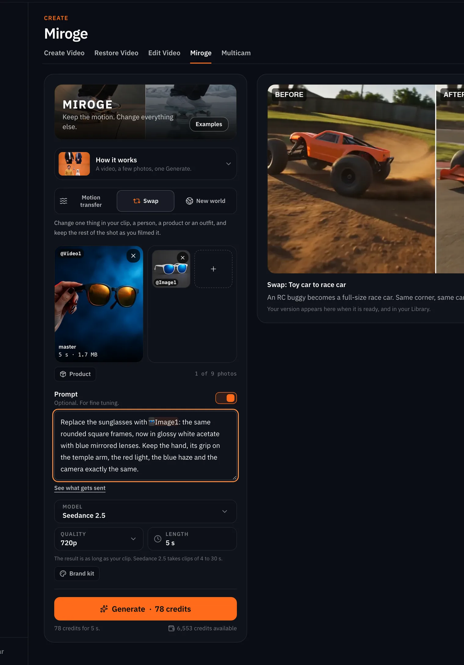 The Miroge composer in Swap mode on a desktop: the master under Your clip, the white colourway photo as @Image1, the prompt, Seedance 2.5, 720p, 5 s and the Generate button with its price