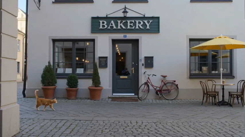 Kling v3's second run: the potted plants stand to the left of the bakery door and the red bicycle to its right.