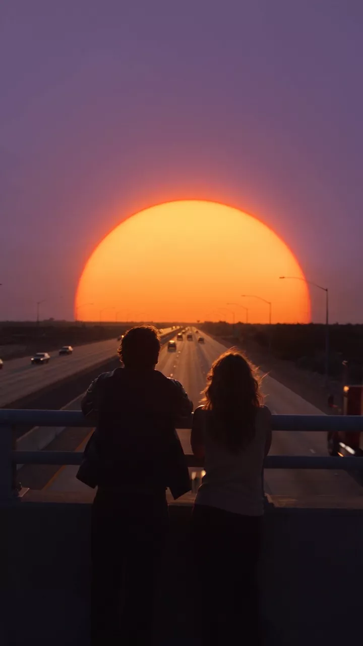 Two people seen from behind lean on a freeway overpass railing at dusk while a huge amber moon, wider than the freeway, sits low over the far end of the road