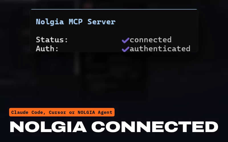Claude Code showing the NOLGIA MCP server connected and authenticated, under NOLGIA connected.