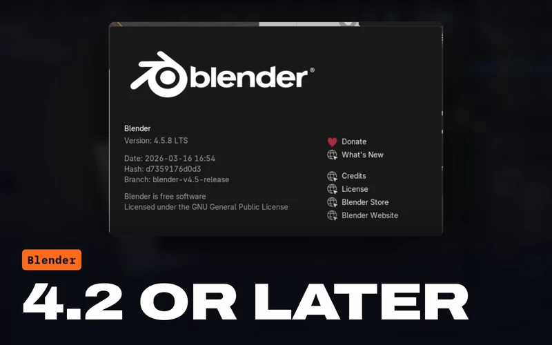 The About Blender window from the plugin page shoot, under the version the plugin needs: Blender 4.2 or later.