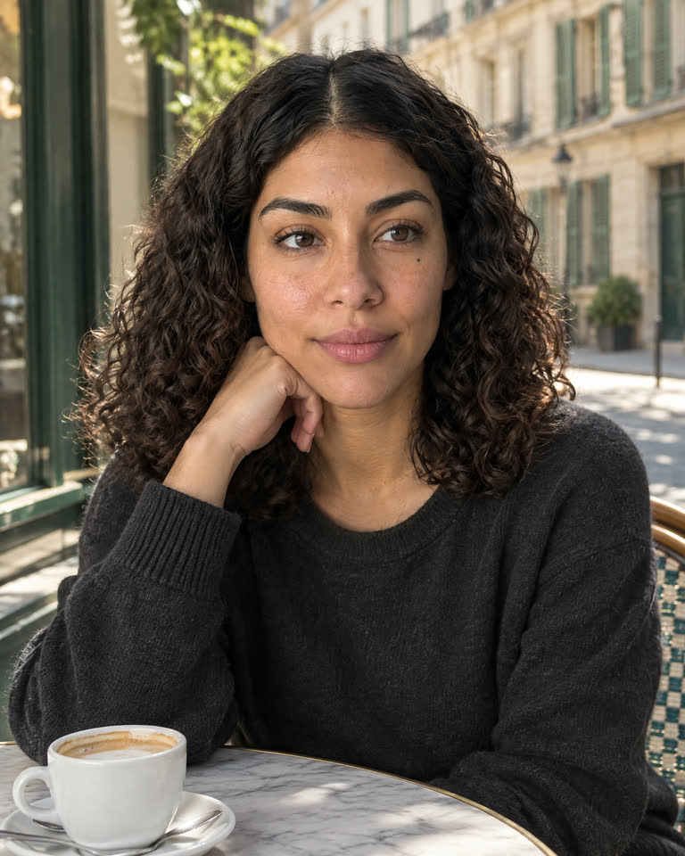 Nora Vale, an invented character, on a Paris cafe terrace.