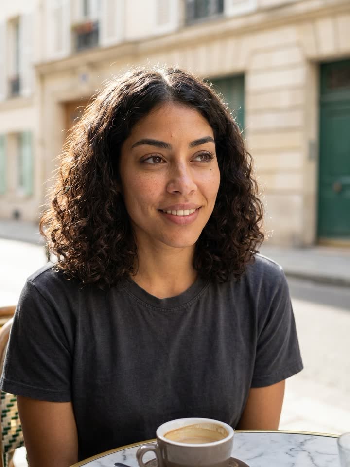 Another shot of Nora Vale, an invented character, at a Paris cafe.