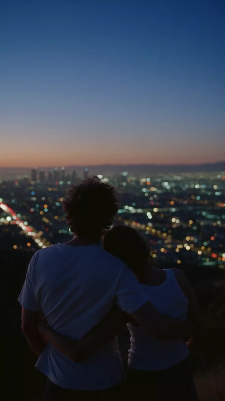 A young couple seen from behind on a dark hillside, his arm around her waist, looking out over a city of lights at blue hour