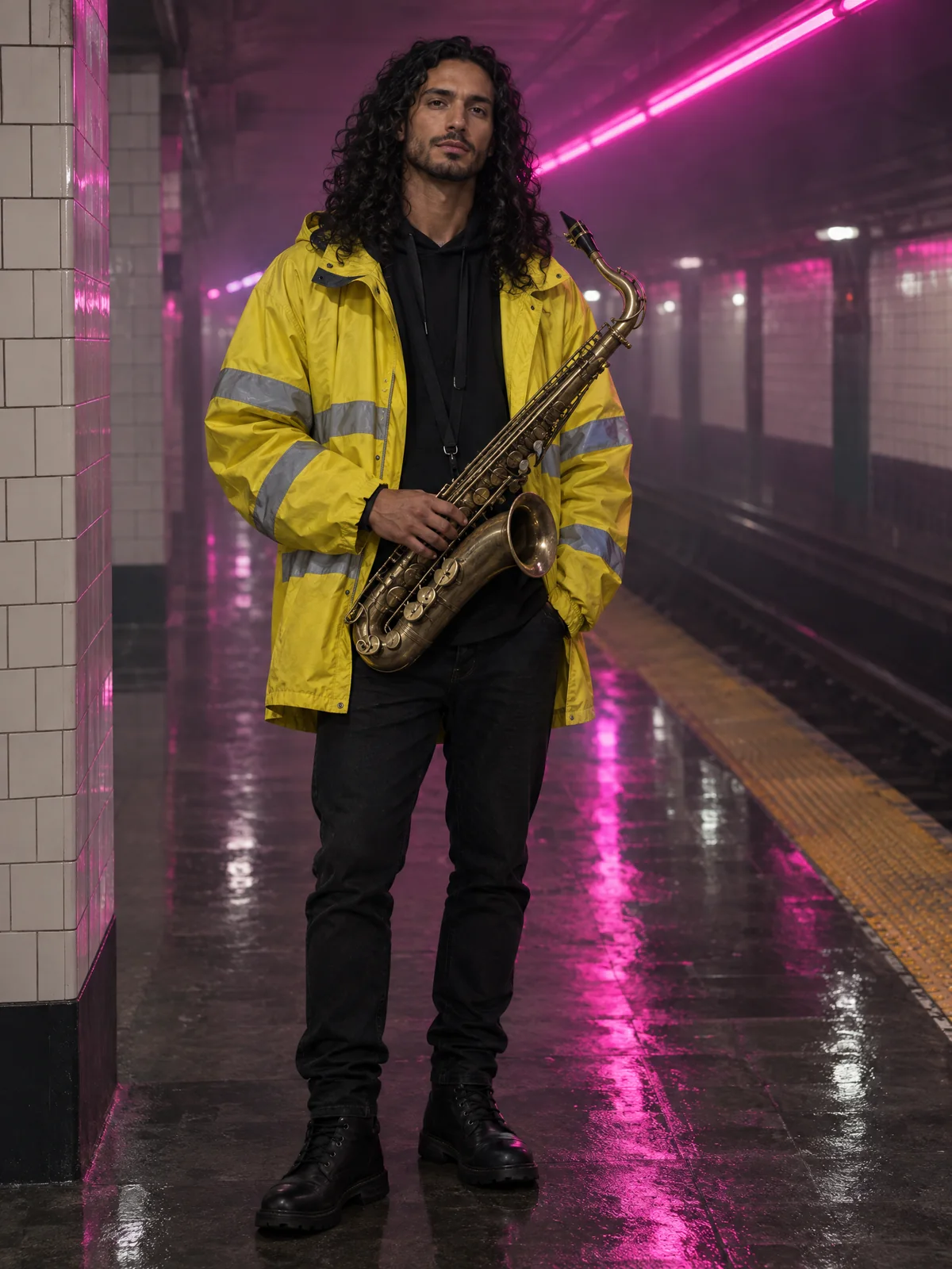 Ozzy: a man with long dark curls and a light beard in an oversized yellow rain jacket with grey reflective strips over a black hoodie, holding a tenor saxophone on a platform