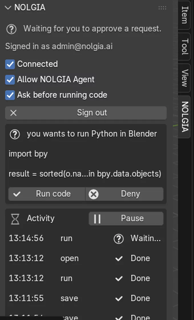 The NOLGIA tab asking before it runs Python: the code, Run code and Deny, and the note that code runs on this computer.