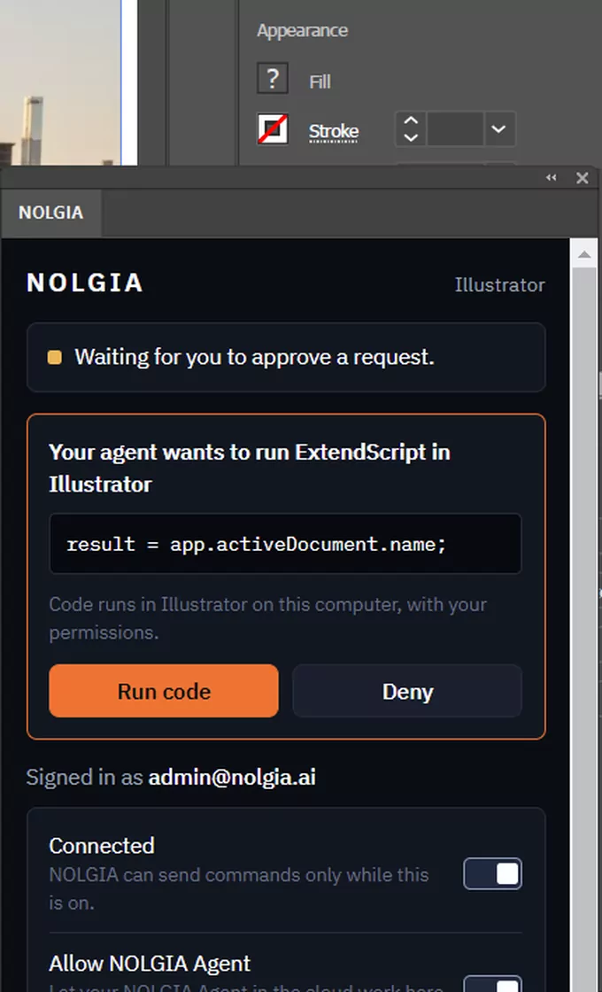 The NOLGIA panel asking before it runs ExtendScript: the code, Run code and Deny, and the note that code runs on this computer.