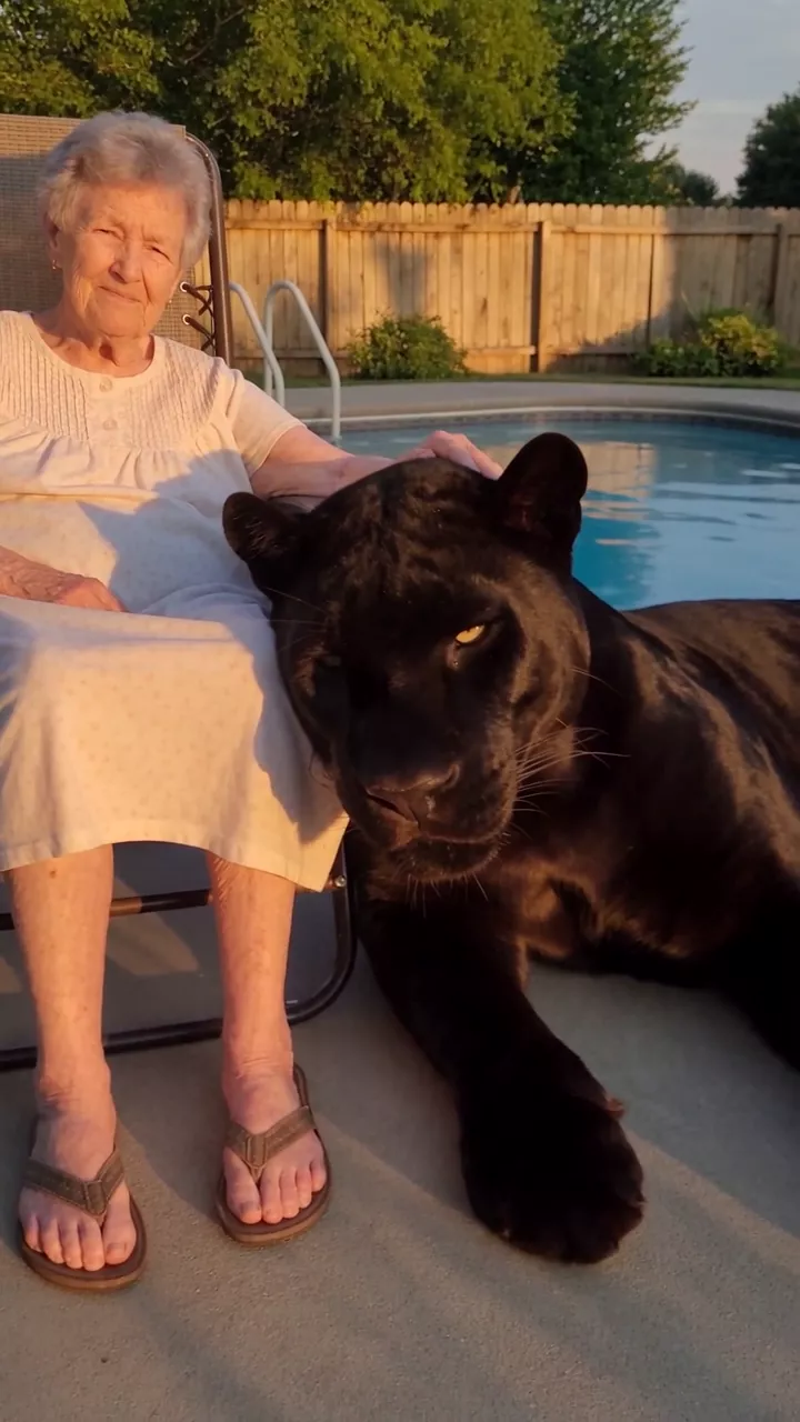 A grandmother in a white house dress sits in a lawn chair by her pool in late sun with her hand on the head of a black panther lying beside her; the panther looks into the camera