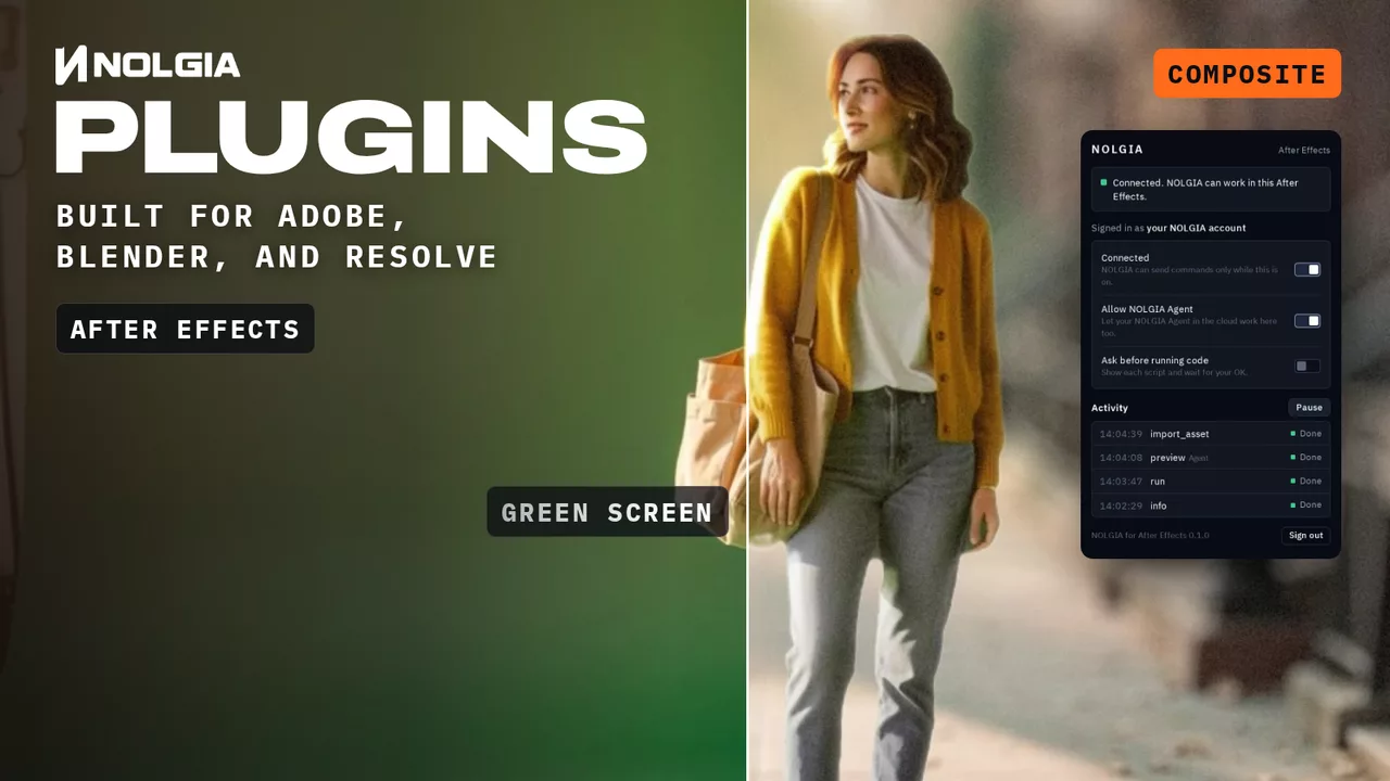NOLGIA PLUGINS, gebaut für Adobe, Blender und Resolve: Das Plugin für After Effects setzt eine vor einem Greenscreen gefilmte Frau in eine Straße, das Plugin für DaVinci Resolve verwandelt flaches, graues Kameralog einer Frau, die aus einer Explosion läuft, in ein Filmgrading nach Kodak 2383 Print, und das Plugin für Blender simuliert eine Abrissbirne, die eine Steinsäule zum Einsturz bringt, jeweils mit dem Panel des Plugins neben seiner Arbeit.