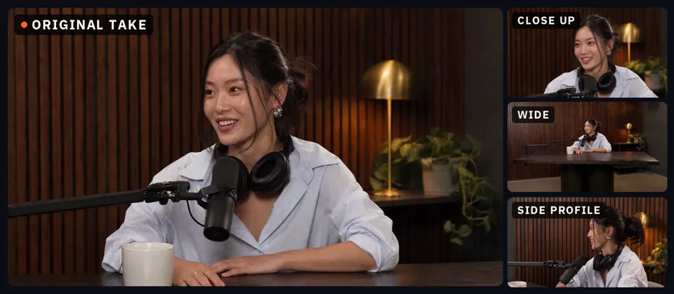 One podcast take of a woman at a microphone beside three angles made from it, playing together: a close up, a wide of the whole room and a side profile