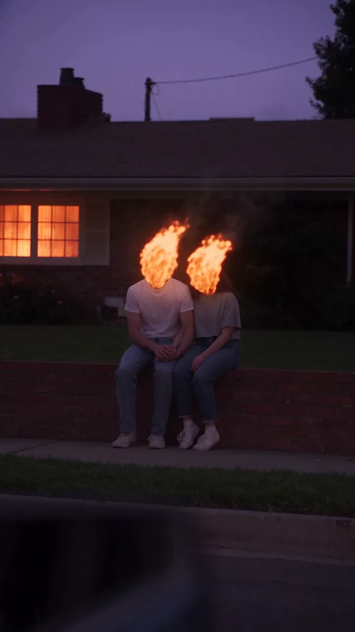 A young couple with flames for heads sits close together on the low wall of a brick ranch house at violet dusk, the front window glowing orange, filmed from across the street past a car mirror