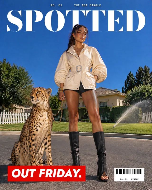 Affiche SPOTTED, post portrait en 1080 par 1350 : une chanteuse inventée en veste crème ceinturée avec un guépard au bout d’une chaîne dorée dans une rue de banlieue ensoleillée, le titre et l’appel à l’action posés en vrai texte.