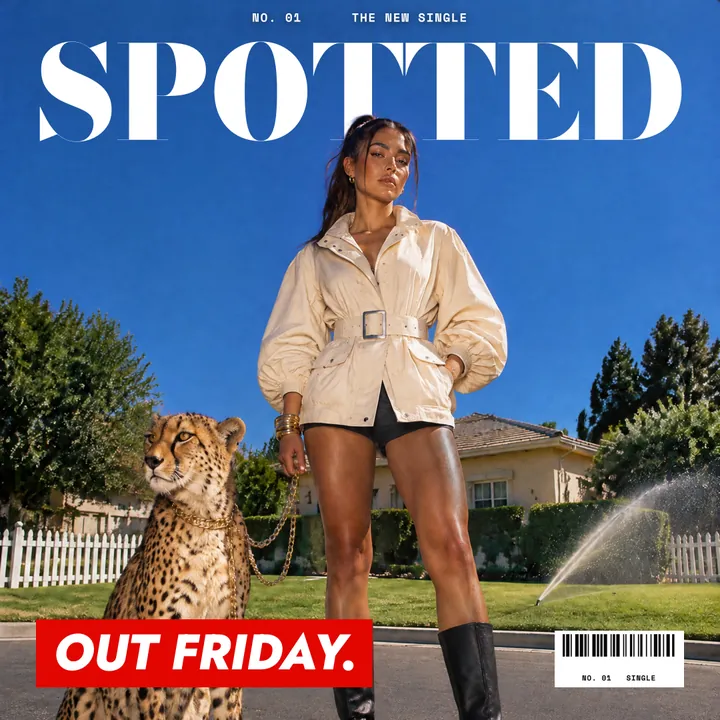 Affiche SPOTTED, post carré en 1080 par 1080 : une chanteuse inventée en veste crème ceinturée avec un guépard au bout d’une chaîne dorée dans une rue de banlieue ensoleillée, le titre et l’appel à l’action posés en vrai texte.