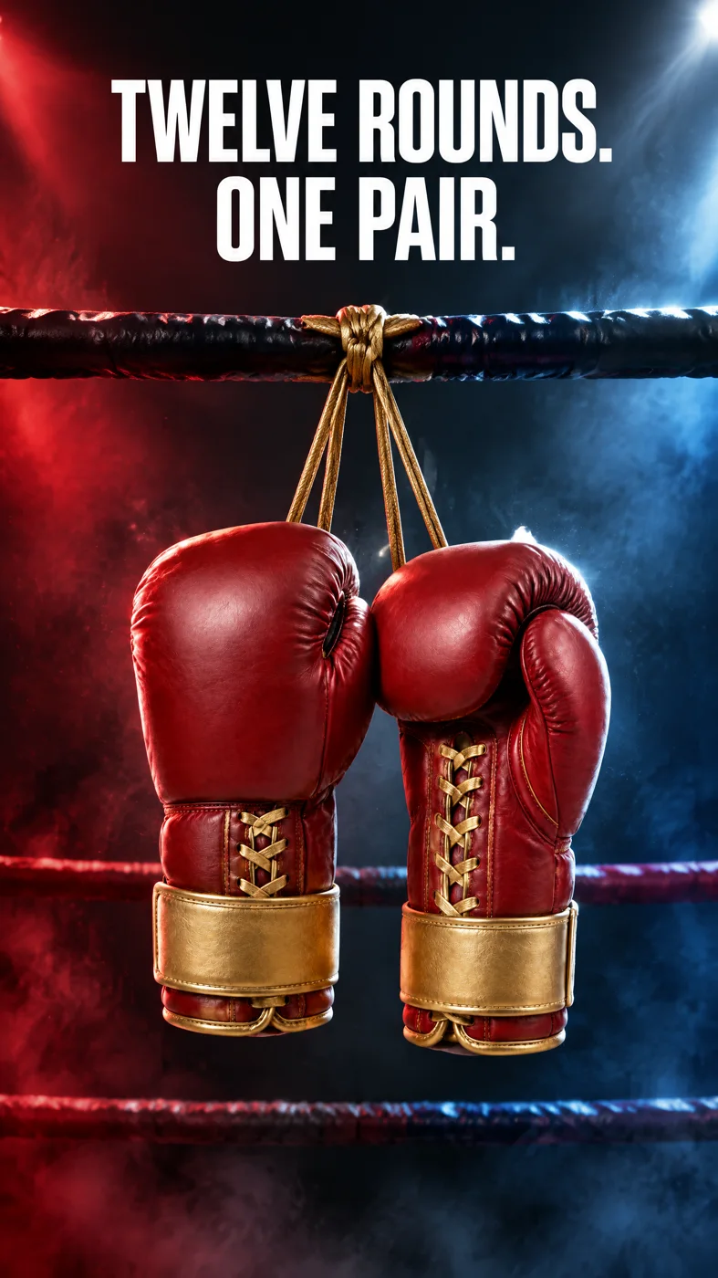 A 9:16 poster: the gloves hanging from the rope, the headline Twelve rounds. One pair. across the top