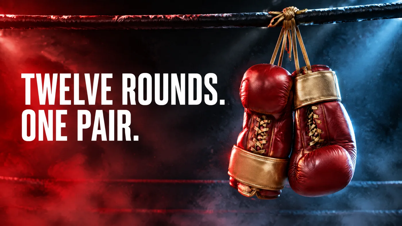 A 16:9 banner: the headline on the left, the gloves hanging on the right