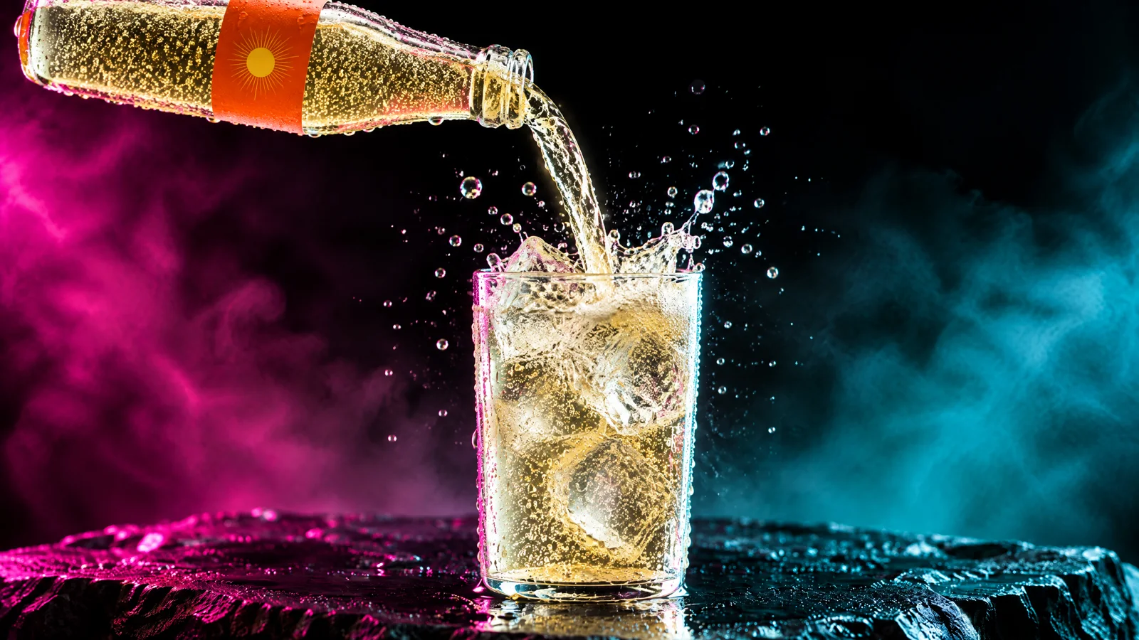 The pour still: the bottle tilted from the upper left pouring pale gold tonic into a glass of ice, droplets frozen in the air, magenta and teal haze