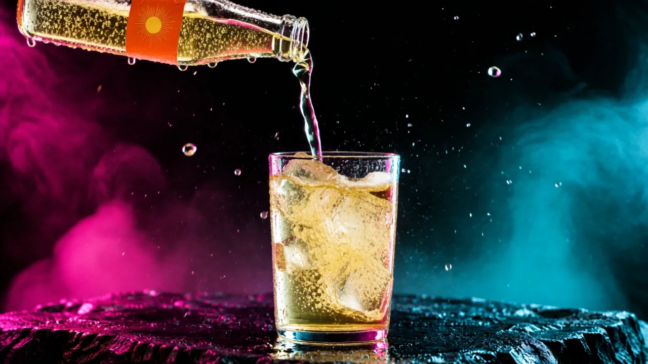 Pale gold tonic pouring from the tilted bottle into a glass of ice, splashing, then filling the glass to a foam line under magenta and teal light