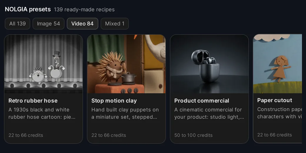 The NOLGIA presets card in ChatGPT: the Video filter on, with Retro rubber hose, Stop motion clay and Product commercial cards and their prices.