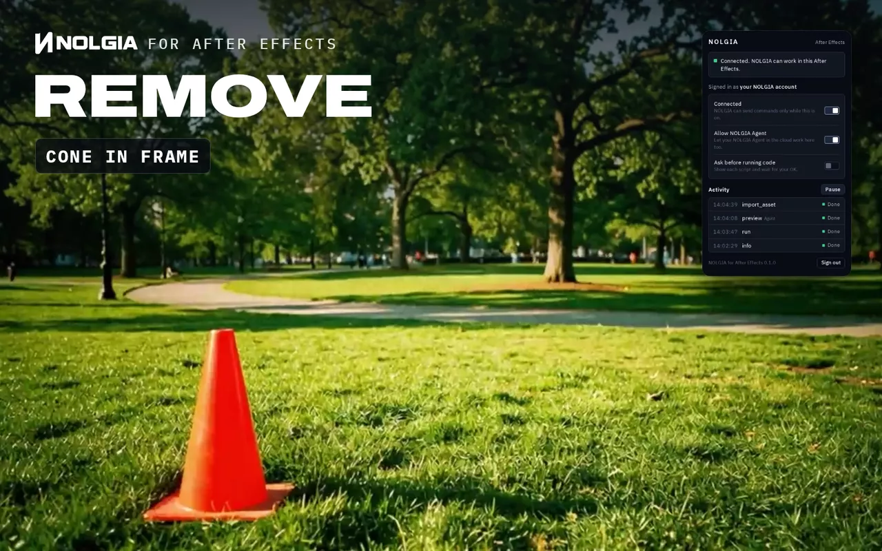 NOLGIA für After Effects, Remove: Ein orangefarbener Leitkegel steht im Gras einer bewegten Aufnahme in einem Park, dann wischt die bereinigte Plate darüber, und der Kegel ist weg, während sich die Kamera weiterbewegt.