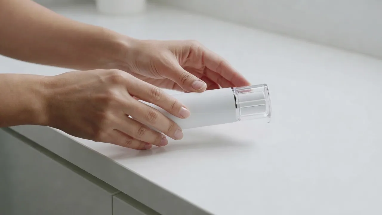 Two hands turning a white bottle with a clear cap on a bright white kitchen counter, in a fixed frame.