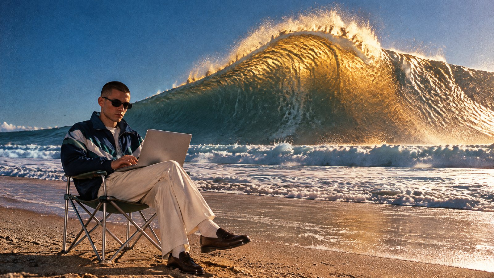 Un joven con chaqueta deportiva está sentado tranquilo en una playa con su laptop mientras detrás de él se levanta una ola de la altura de un edificio, dorada por el sol