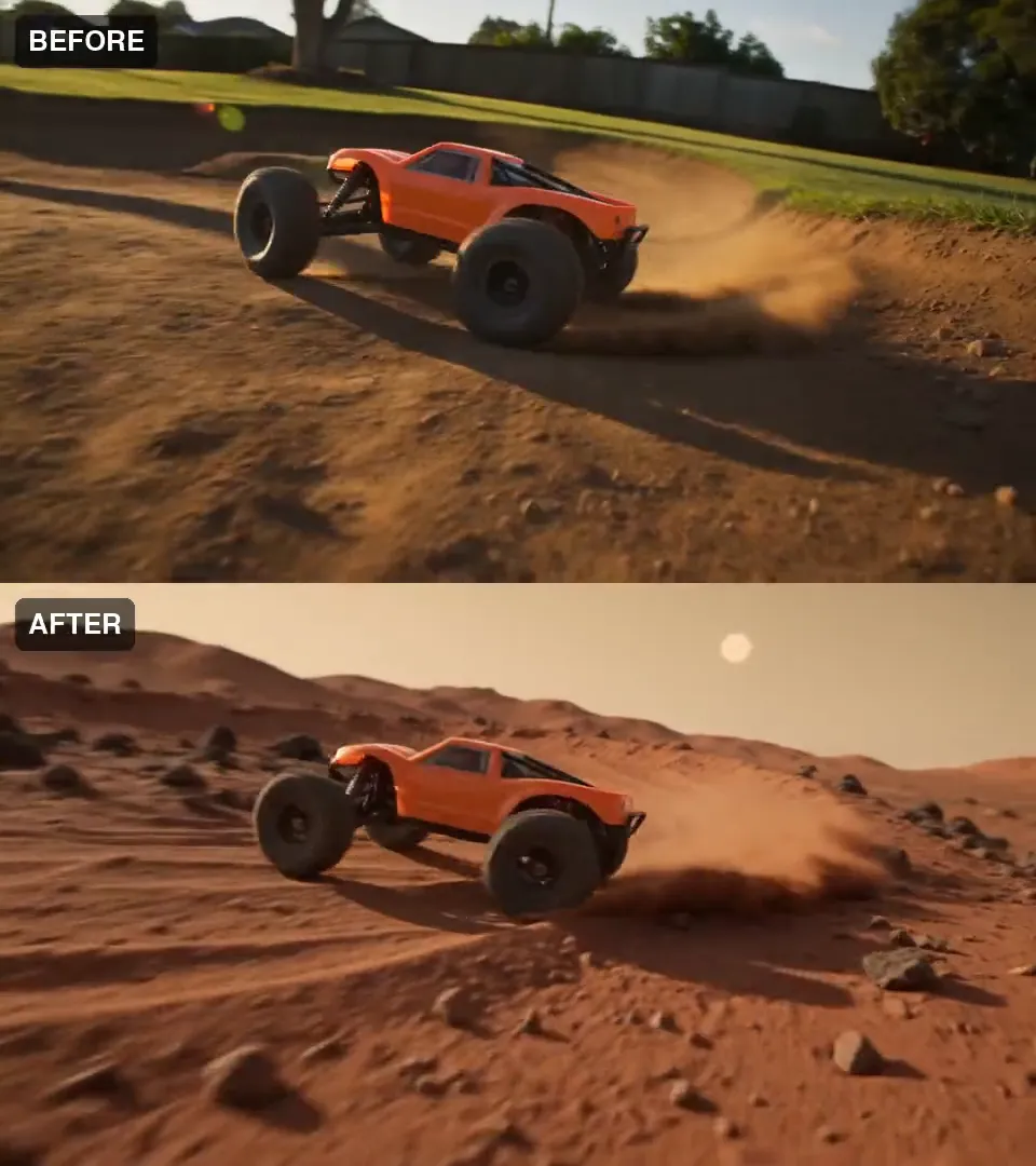 An orange toy buggy drifting round a backyard dirt corner, above the same buggy drifting round a red Martian dune