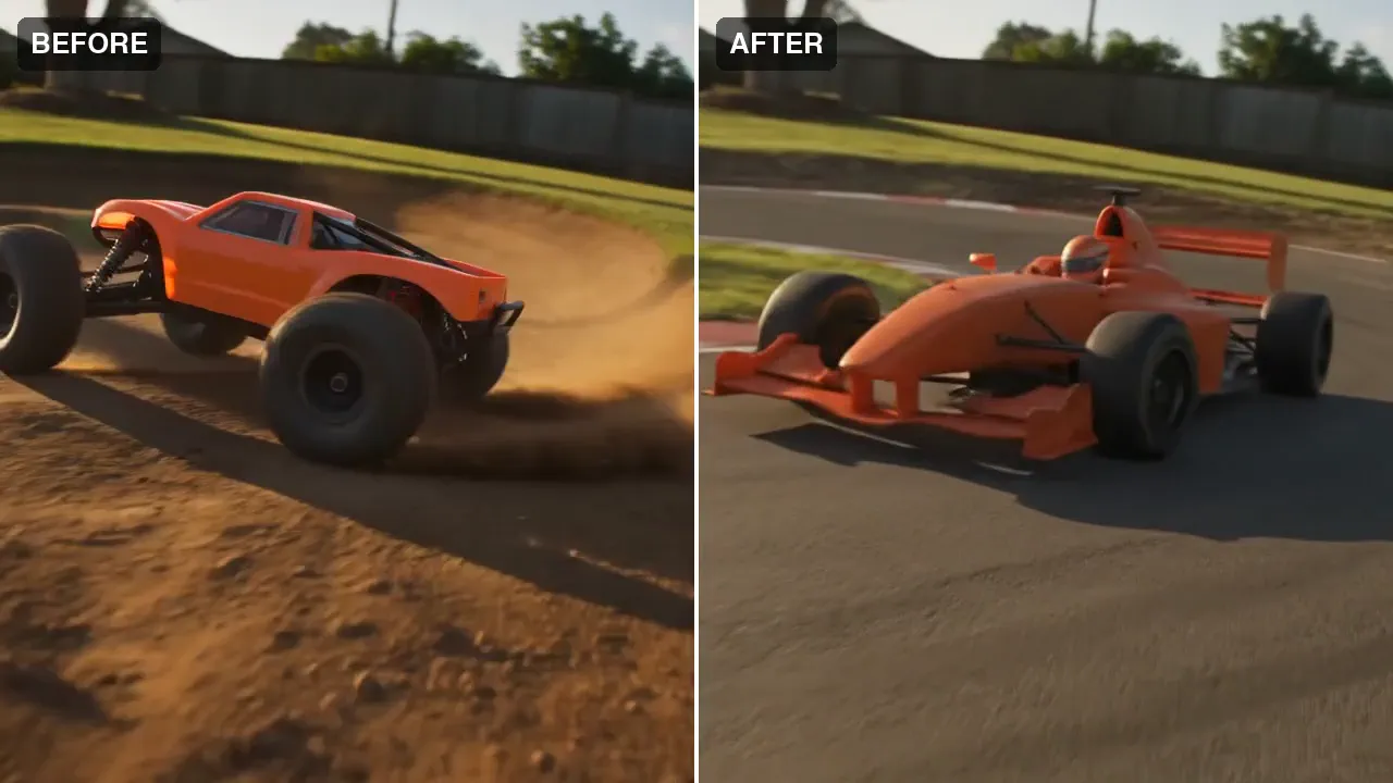 An RC buggy becomes a full-size race car. Same corner, same camera move.
