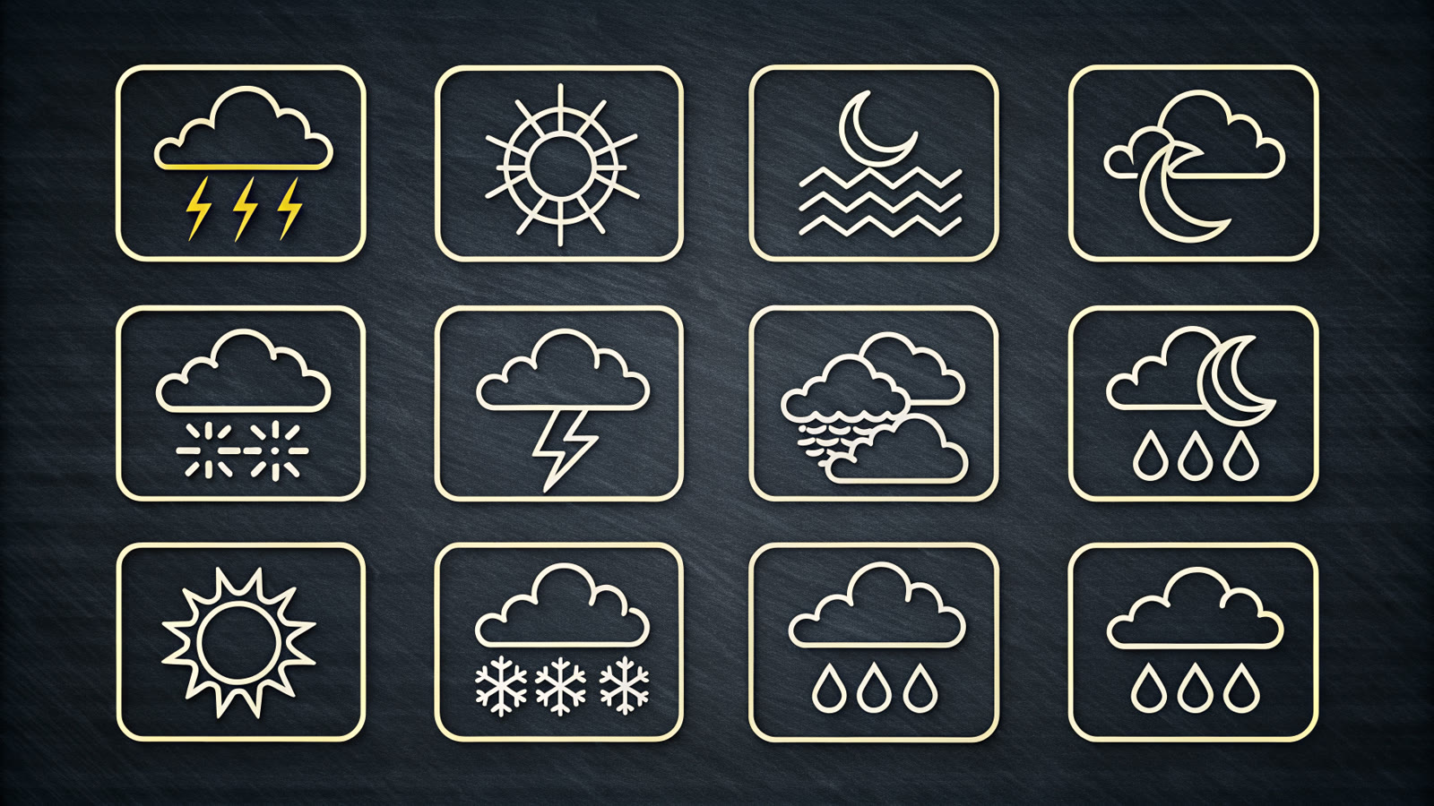 Beispiel erstellt mit Recraft v2: A set of twelve weather pictograms in a 4x3 grid on a dark slate background, drawn in a single-weight white outline style with no fill. Sun, moon…