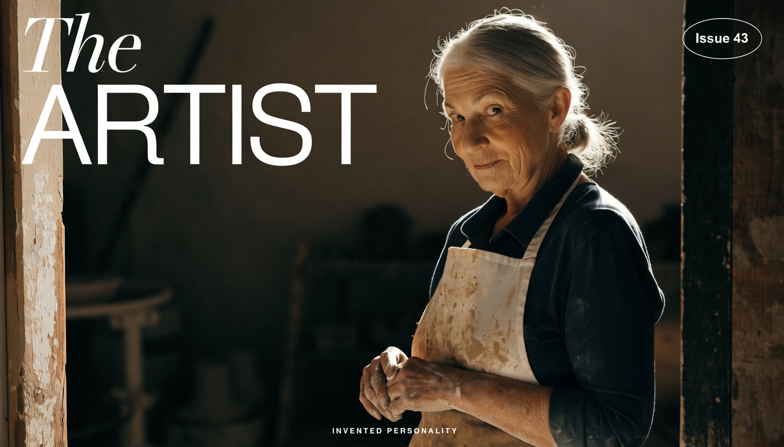 Recraft V4.1 Pro で作成した例:An editorial magazine-cover portrait of an invented woman in her sixties, a ceramicist, standing in her workshop doorway with the light behind her…