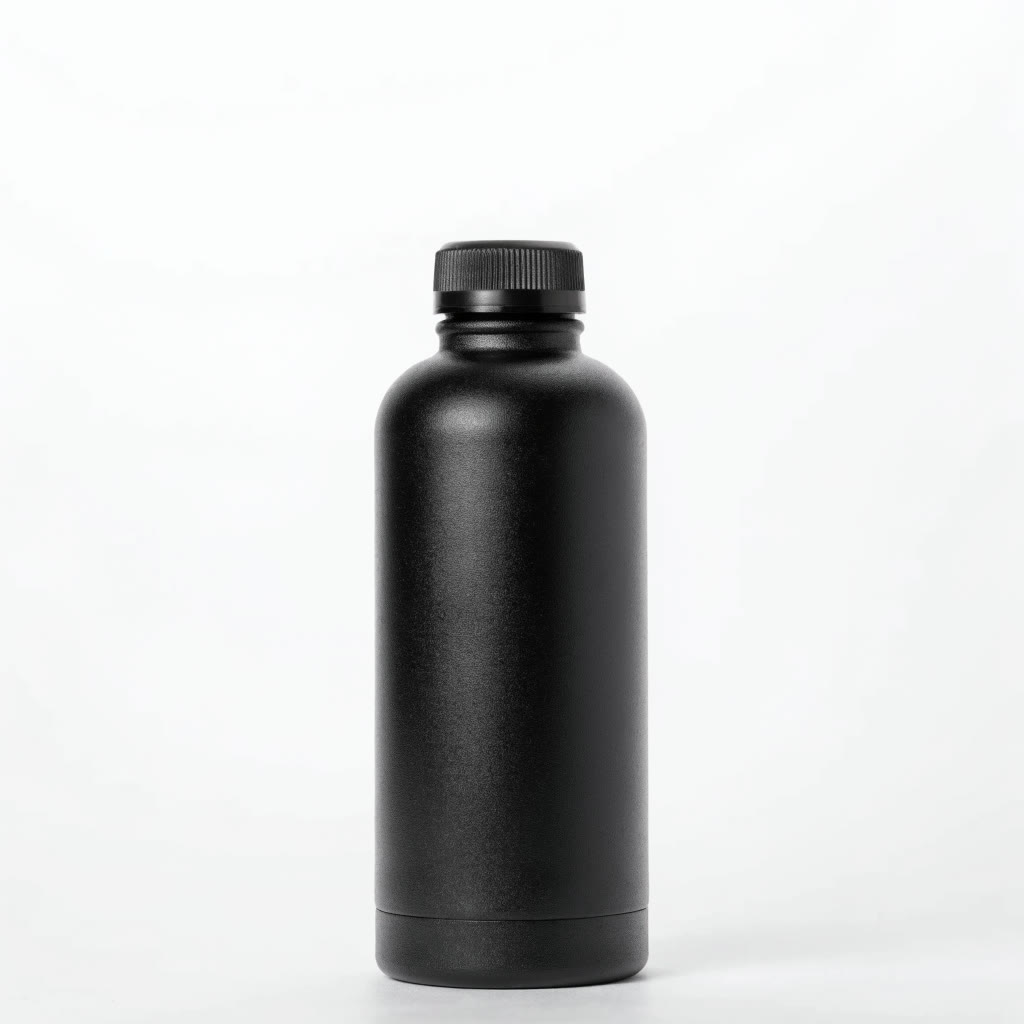 Recraft V4.1 Utility로 만든 예시: A single matte-black stainless steel water bottle, straight on, dead centre on a seamless pure white background. Flat even studio lighting, no…