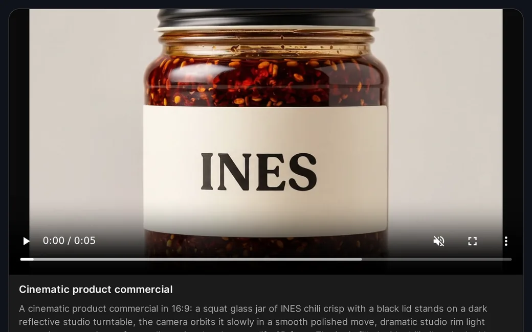 The NOLGIA result card in ChatGPT: a product video of a chili crisp jar in its player, with Download.