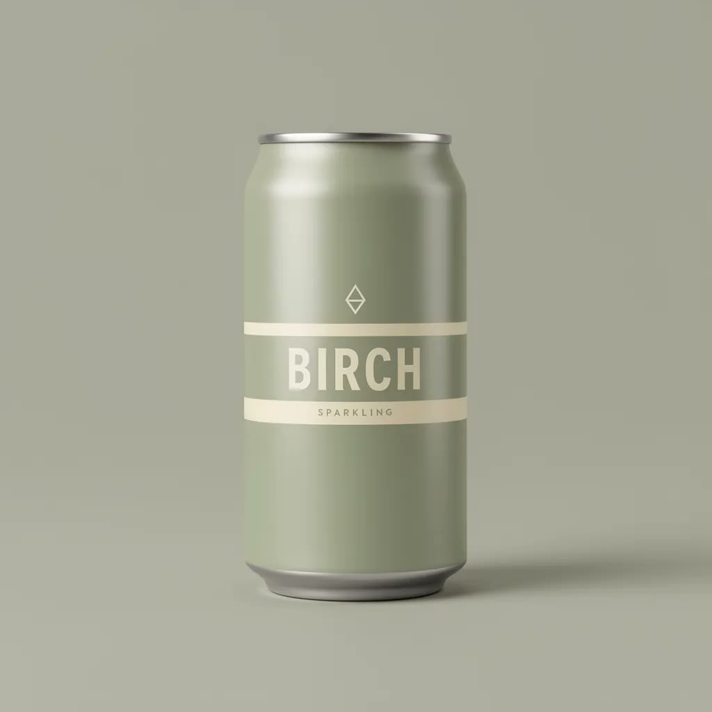 Beispiel erstellt mit Riverflow V2.5 Fast: A slim 250ml beverage can standing on a plain putty-grey sweep, shot straight on. Minimal Scandinavian label design: a wide band of soft sage, a thin…