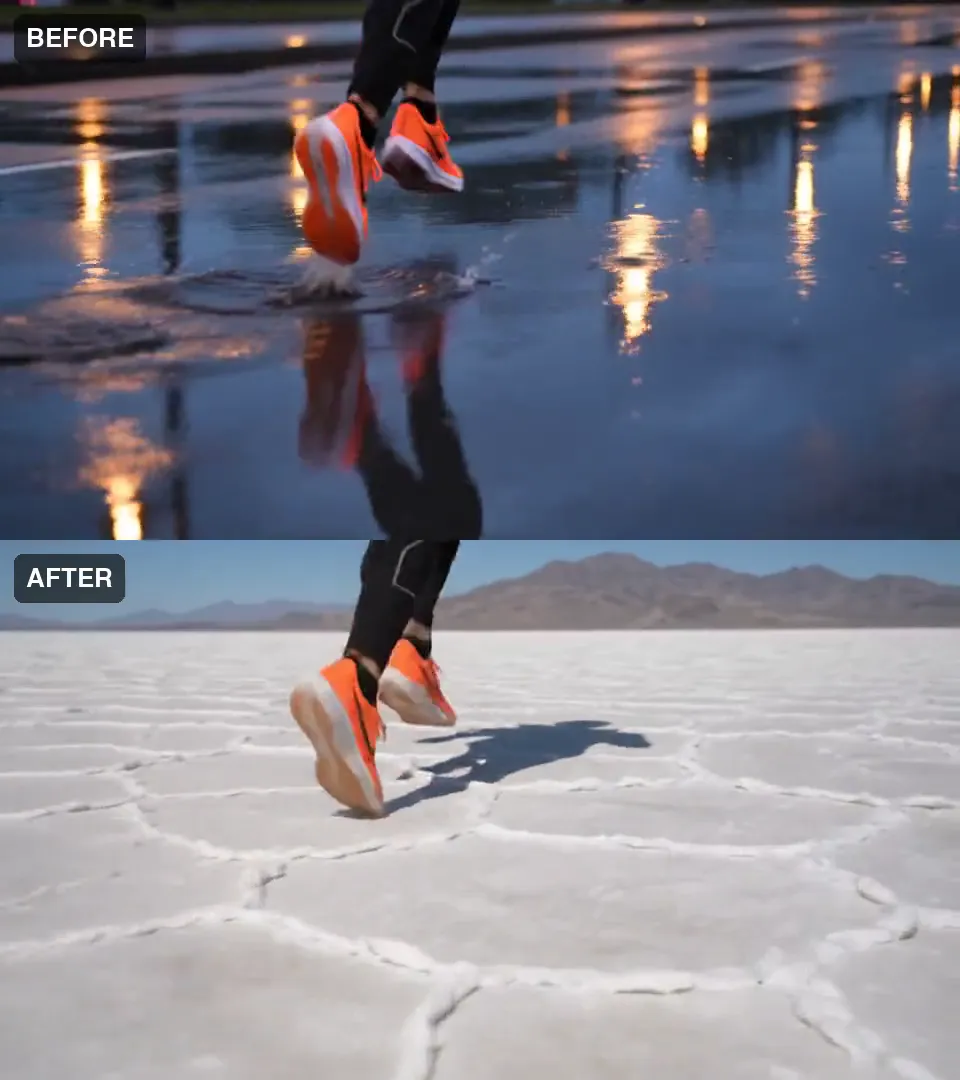 A runner's legs in black tights and orange shoes splashing through puddles on a city street at dusk, above the same stride on a white salt flat at noon