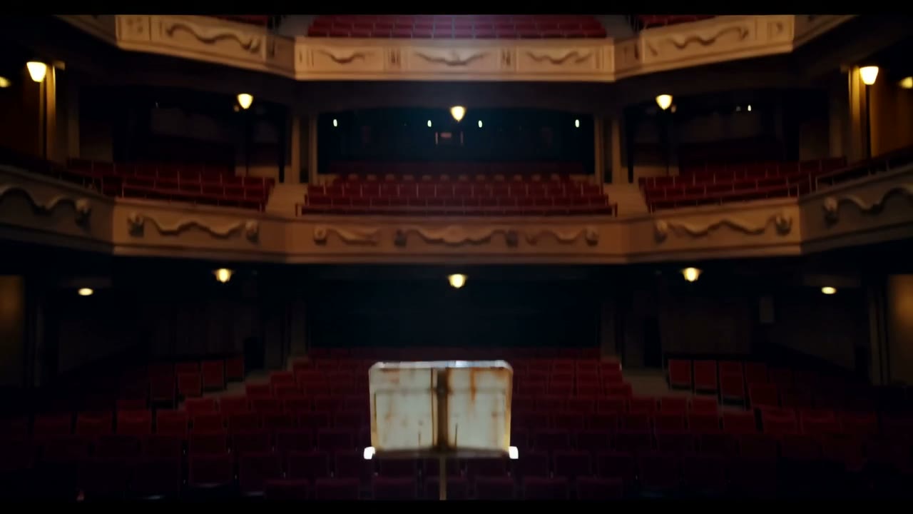 Runway Gen-4.5 で作成した例:A crane move descends from the rafters of an empty theatre as the house lights fade to a single spotlight, revealing one bare music stand as the dust…