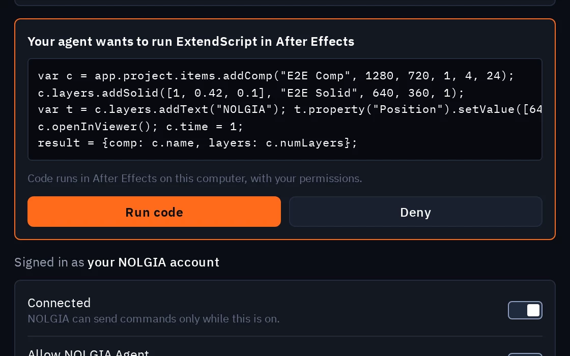 The request card's note: Code runs in After Effects on this computer, with your permissions.