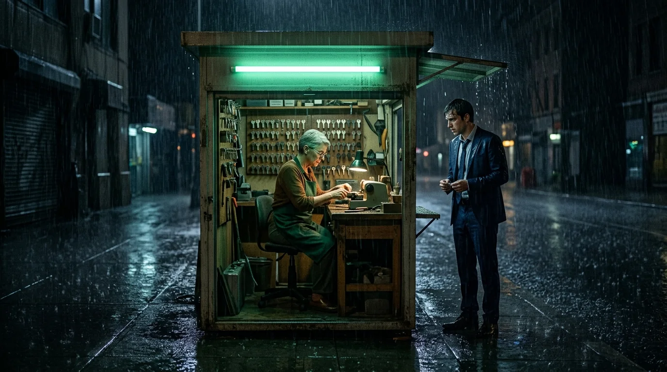 Wide: a tiny locksmith kiosk lit by a green neon tube on a rainy street, Mara at her bench inside, the young man in a wet suit standing outside