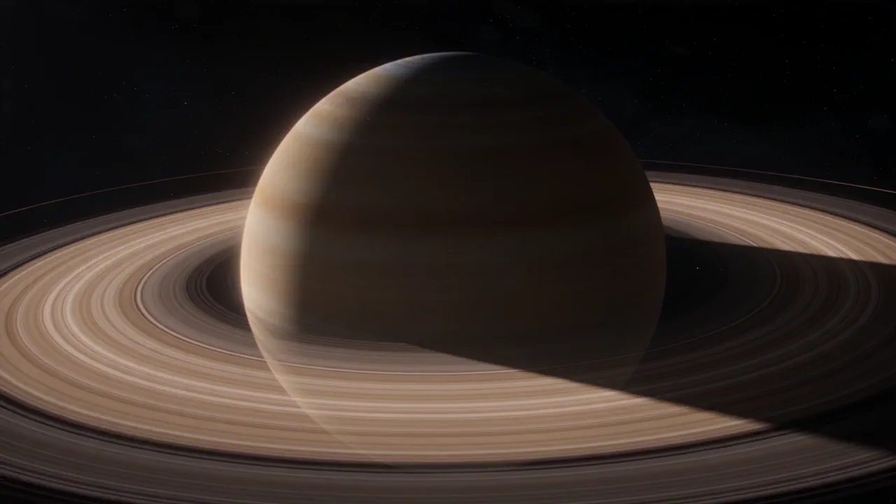 A warm ringed gas giant against black space, the ring's shadow falling across the planet, a small moon tracking along a faint orbit line