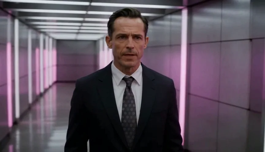 The vague prompt rendered a second time with the same seed: a man in a dark suit walking down a white corridor with pink tubes