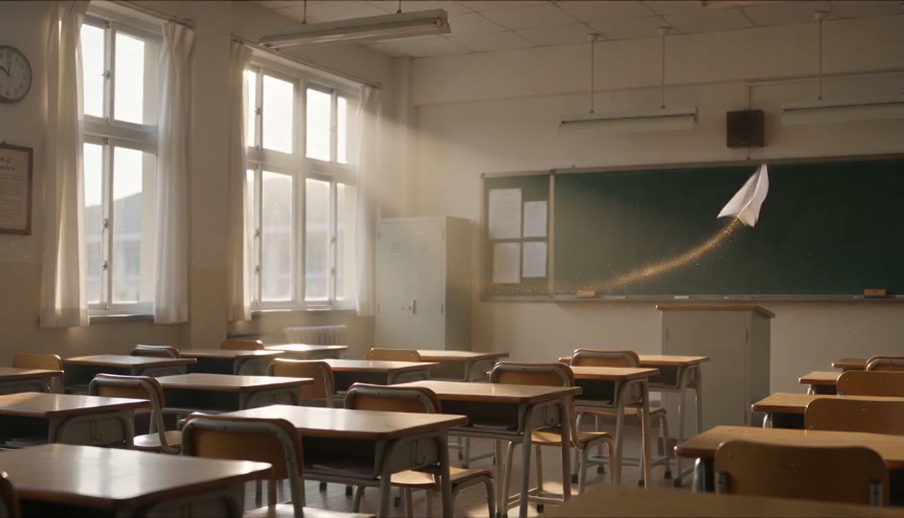 مثال مصنوع باستخدام Seedance 2.0 Mini: A paper aeroplane loops once across a sunlit empty classroom and settles on a desk, chalk dust hanging in the light beam. Static wide shot, no people.