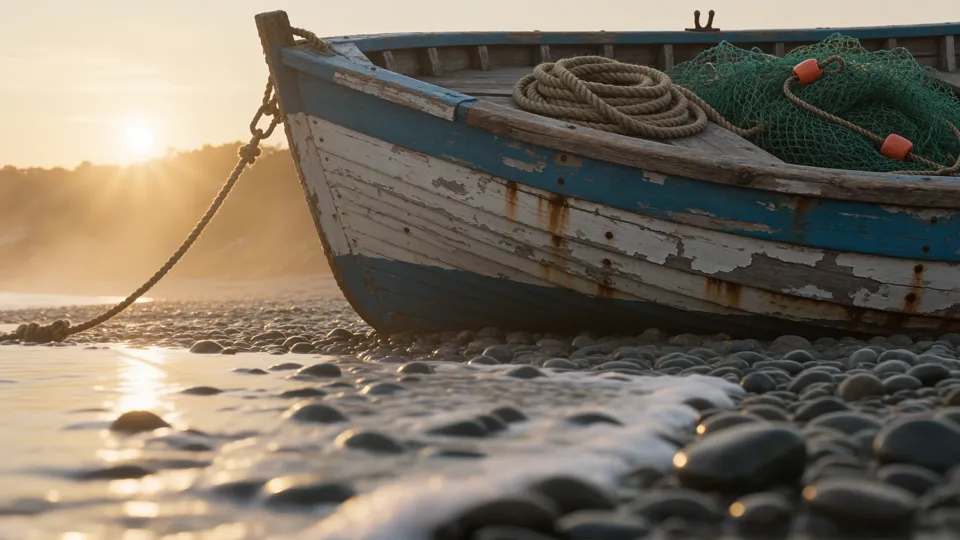 An old wooden fishing boat with peeling blue and white paint on a pebble beach at sunrise, with rope, a green net and orange floats, rendered by Seedance 2.0 Pro at 4K.