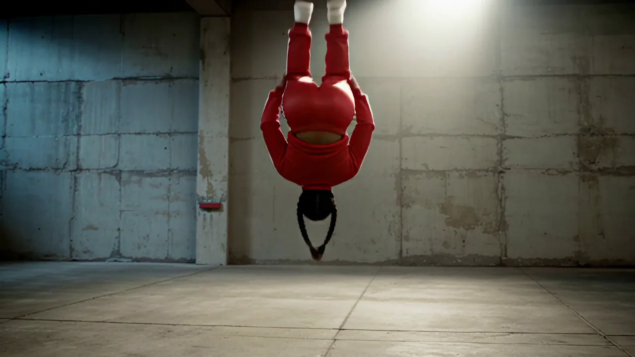 The warehouse backflip on Seedance 2.5: a tucked flip landing in a squat