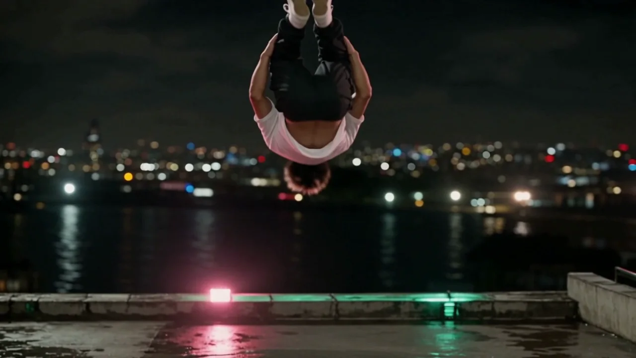 The rooftop backflip on Seedance 2.5: a slow load, a high tucked rotation and a feet-first landing into a squat