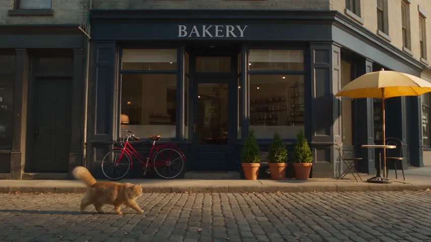 A bakery storefront on a cobblestone street with a green BAKERY sign, a red bicycle, three potted plants, a yellow umbrella and a ginger cat walking past, rendered by Seedance 2.5, run 2.