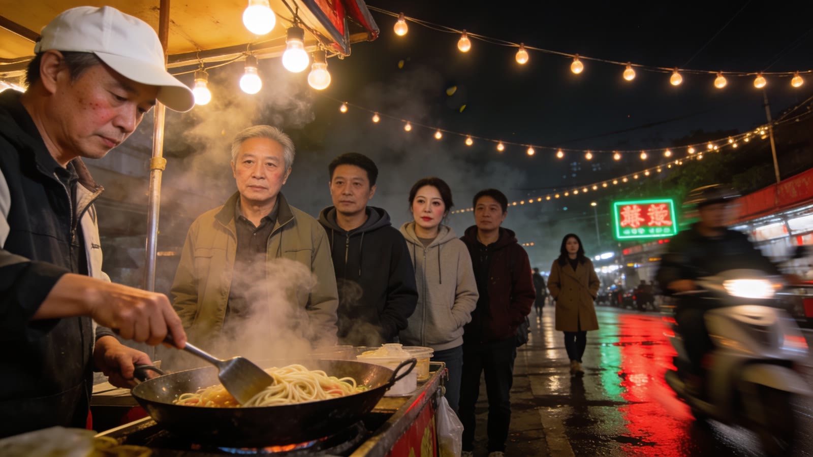 Exemple créé avec Seedream 4.5 : A busy night market street scene from a low three-quarter angle: steam rising off a noodle cart in the foreground, a vendor in a white cap working…
