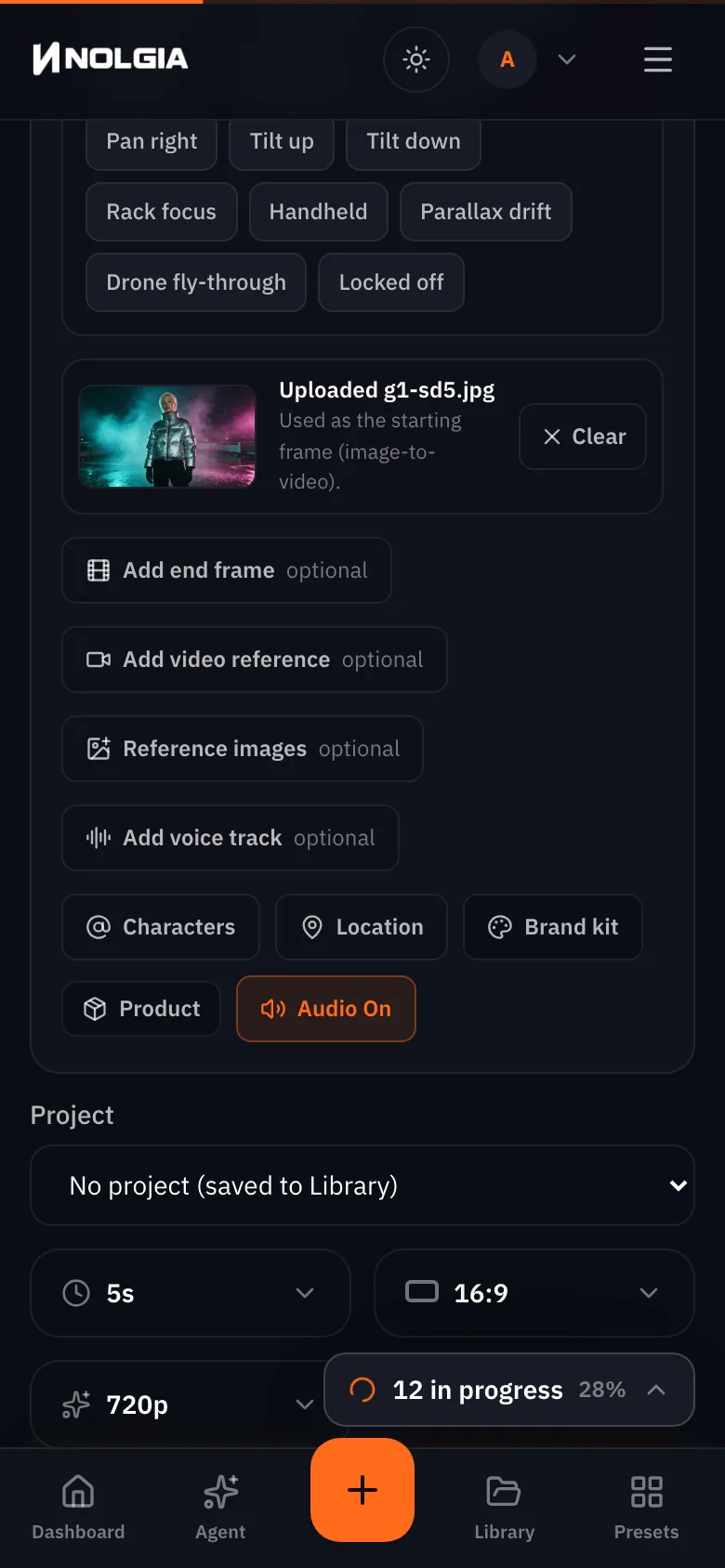 The same composer on a phone: the uploaded still, the optional end frame, video reference and reference image slots, Audio On, and the length, ratio and quality chips