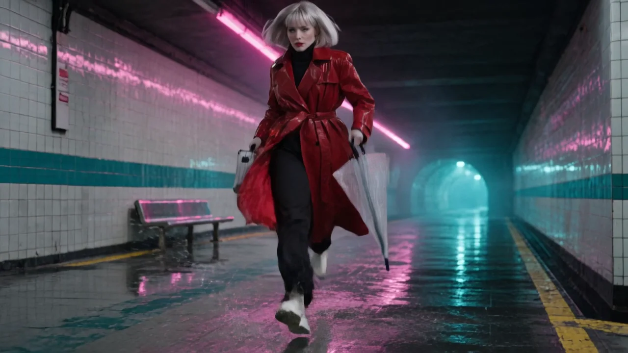 Vale sprints towards the camera along the platform with the case and the umbrella