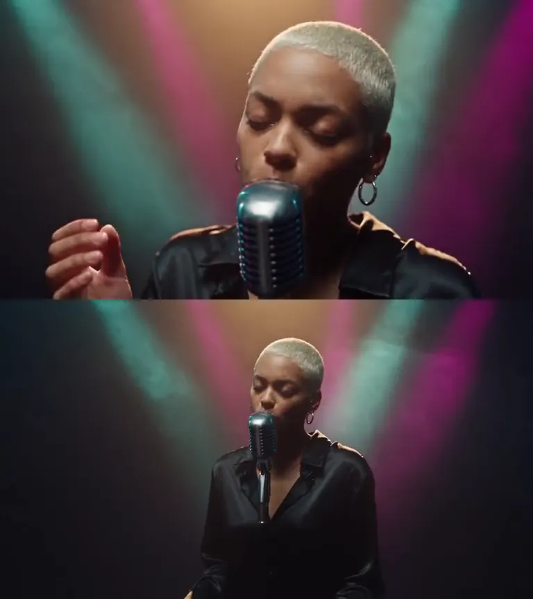 Top: the highlight edit cutting between a wide, a low angle, an extreme close up, an orbit, a slow arc and an overhead shot of a singer at a vintage microphone in a hazy studio. Bottom: the original locked off take.