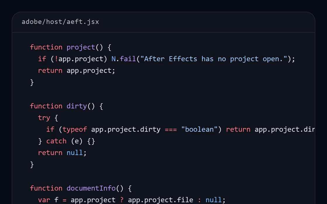 The first lines of the After Effects plugin's own source code.