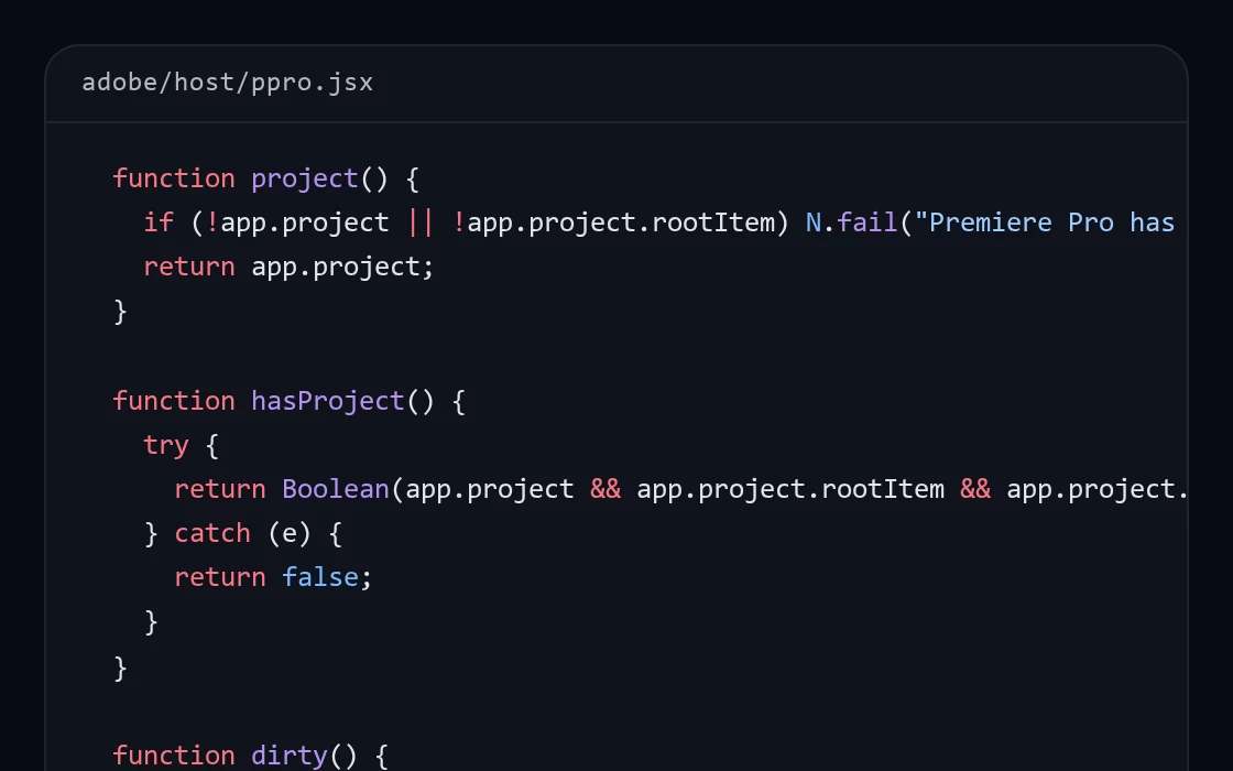 The first lines of the Premiere Pro plugin's own source code.