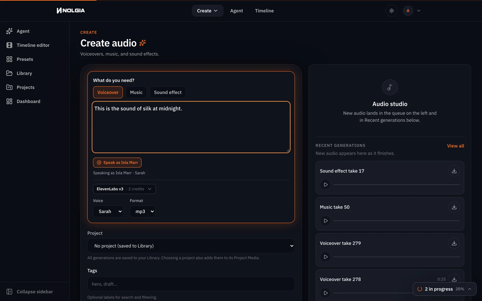 The audio composer with Speak as Isla Marr selected, the note Speaking as Isla Marr · Sarah, ElevenLabs v3 in the model picker and the Generate audio button with its live price